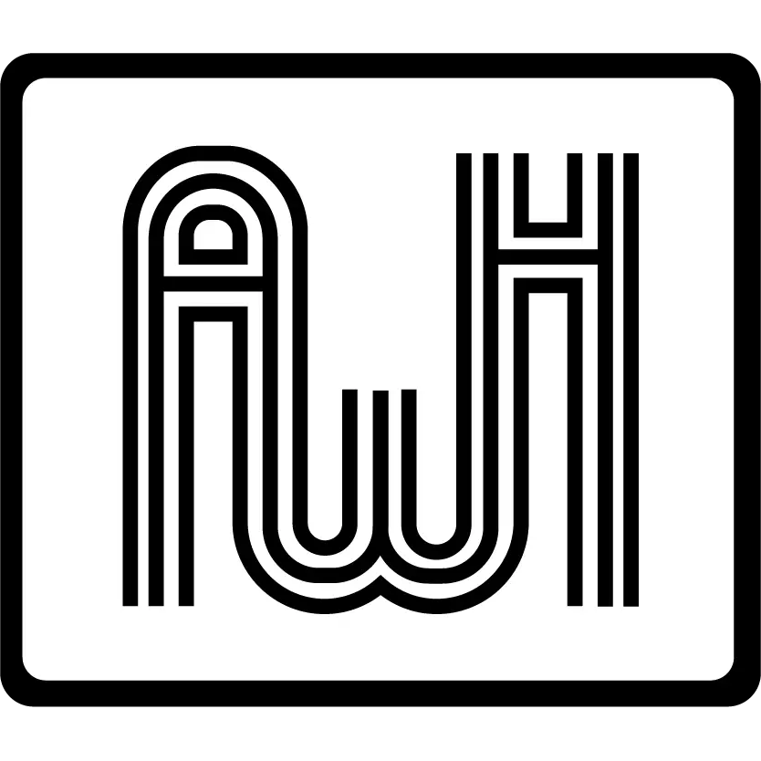 Black and white logo featuring the stylized, overlapping letters "AWH" outlined with three parallel lines, all enclosed within a rounded rectangle border.