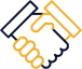 Minimalist illustration of two hands shaking; one outlined in black and the other in orange, symbolizing partnership or agreement.