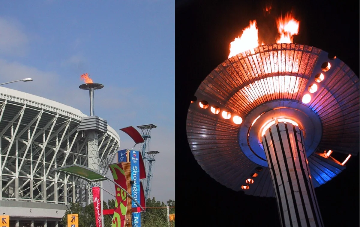 A split image shows the 2002 Winter Olympics cauldron: on the left, it stands atop a stadium in daylight with flame visible; on the right, it glows and burns brightly against the night sky.
