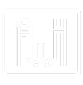 White outlined letters "A" and "W" are merged in a modern, geometric style on a white background, with rounded rectangular borders. The design features clean, overlapping lines.